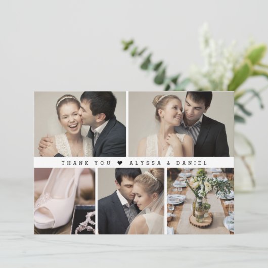 Stijlvolle zwart wit chique bruiloft foto collage bedankkaart (Staand voorkant)