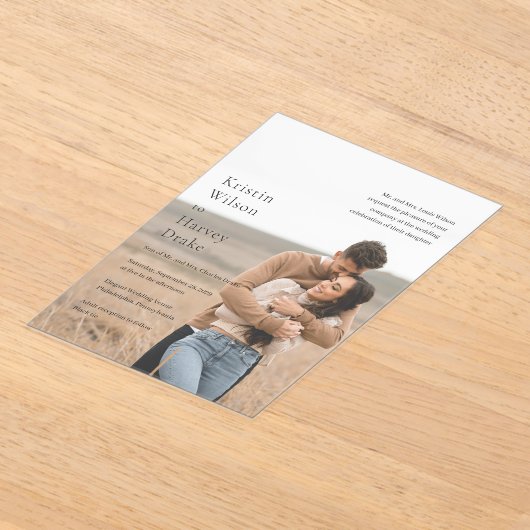 Stijlvolle zwart-wit foto moderne bruiloft acryl uitnodigingen (Laagn)