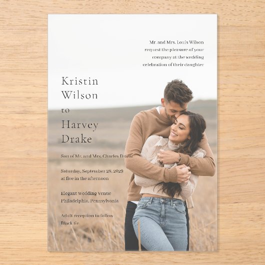 Stijlvolle zwart-wit foto moderne bruiloft acryl uitnodigingen (Voorkant)