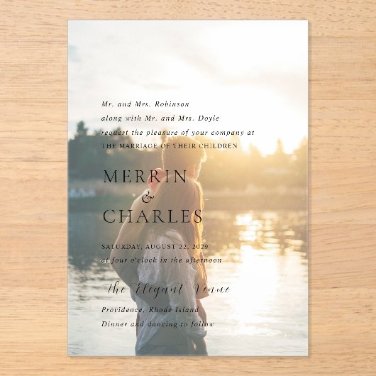 Stijlvolle zwart-wit foto moderne bruiloft acryl uitnodigingen (Voorkant)