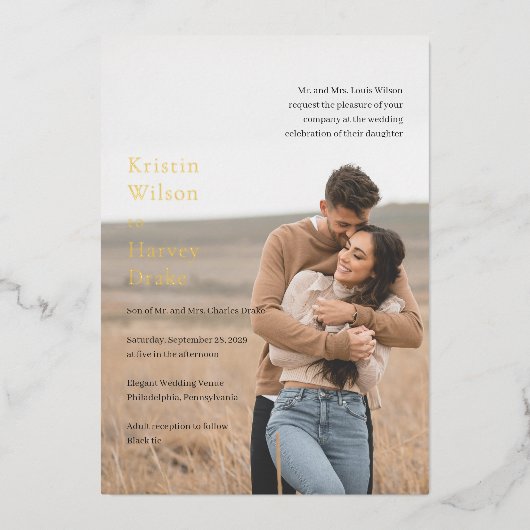 Stijlvolle zwart-wit foto moderne bruiloft folie uitnodiging (Voorkant)