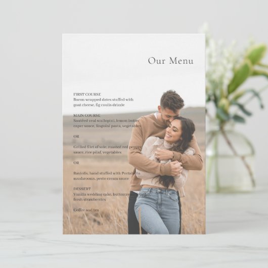 Stijlvolle zwart-wit foto moderne bruiloft menu (Staand voorkant)
