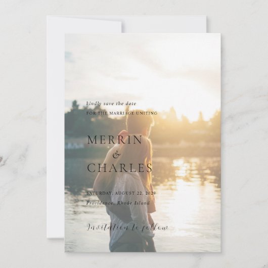 Stijlvolle zwart-wit foto moderne bruiloft save the date (Voorkant)