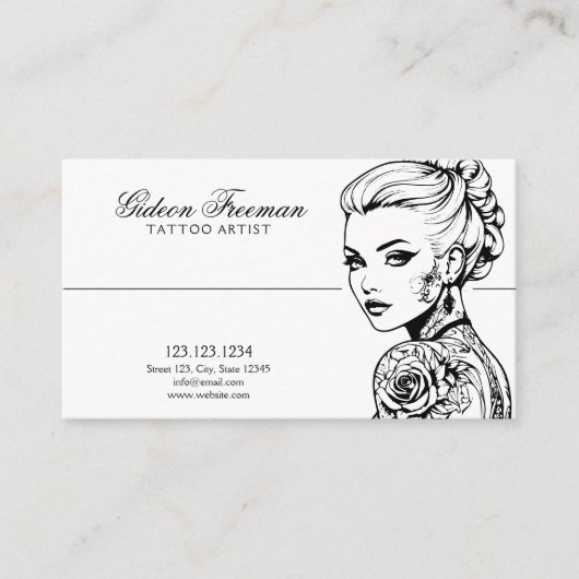 Stijlvolle zwart & wit getatoeëerde dame Tattoo ar Visitekaartje (Voorkant)