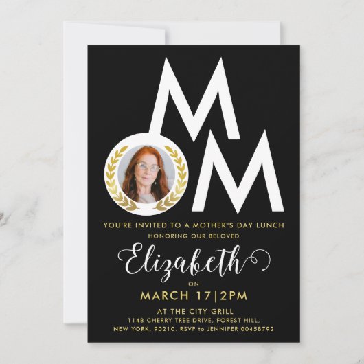 Stijlvolle Zwart Wit Goud Mom Laurel Krans Typo Kaart (Voorkant)