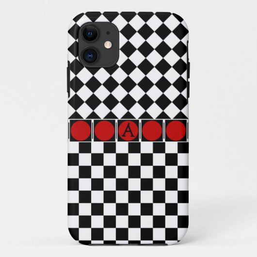 Stijlvolle zwart-wit halfdiamant ruitjes rode band Case-Mate iPhone case (Achterkant)