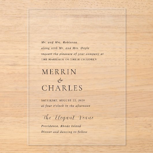 Stijlvolle zwart-wit moderne bruiloft acryl uitnodigingen (Voorkant)