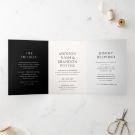 Stijlvolle zwart-wit moderne bruiloft drieluik uitnodiging