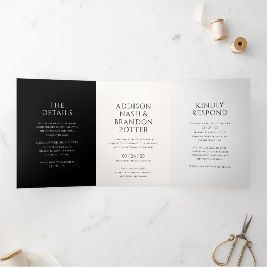 Stijlvolle zwart-wit moderne bruiloft drieluik uitnodiging (Binnen)