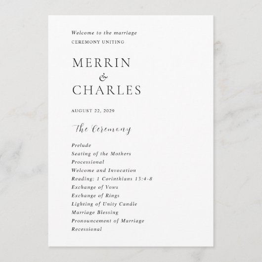 Stijlvolle zwart-wit moderne bruiloft programmakaart (Voorkant)