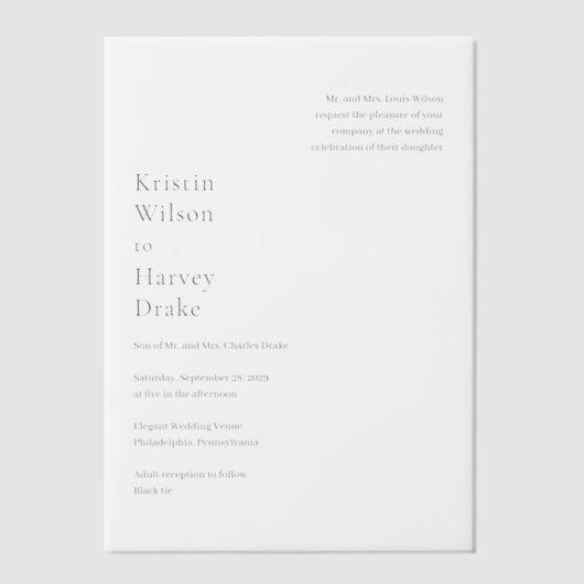 Stijlvolle zwart-wit moderne bruiloft vellum uitnodigingen (Voorkant)