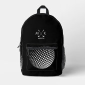 Stijlvolle zwart-wit moderne golfbal monogram bedrukte rugzak (Voorkant)