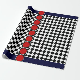 Stijlvolle zwart witte half diamant ruitjes rode b cadeaupapier