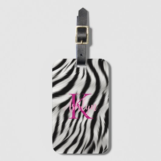 Stijlvolle zwart witte Zebra dier roze monogram Bagagelabel (Voorkant (verticaal))