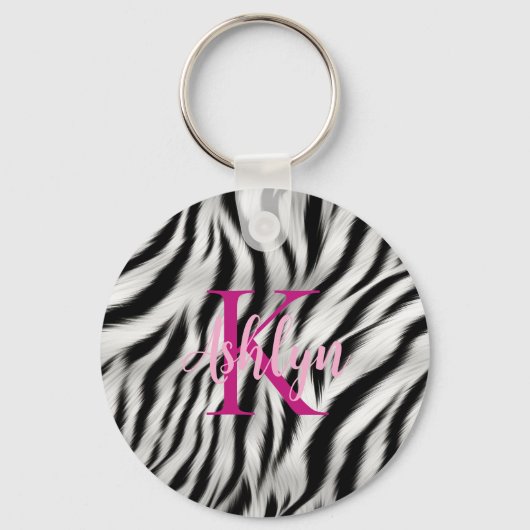 Stijlvolle zwart witte Zebra dier roze monogram Sleutelhanger (Voorkant)