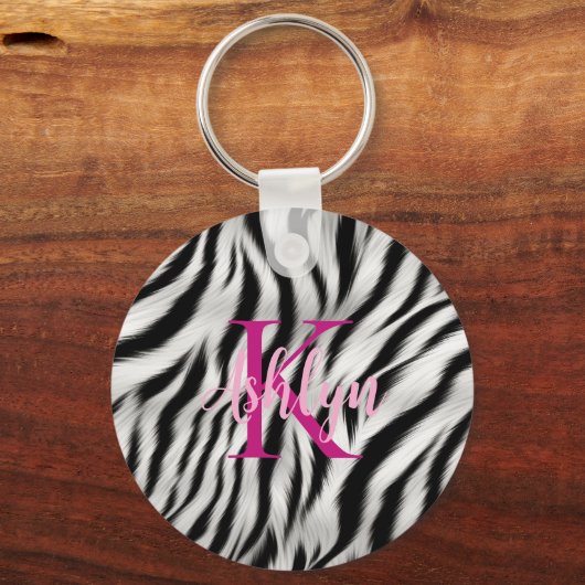 Stijlvolle zwart witte Zebra dier roze monogram Sleutelhanger (Voorkant)