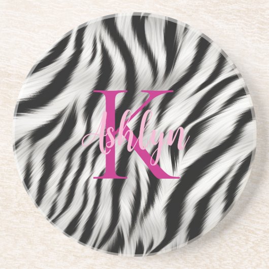 Stijlvolle zwart witte Zebra dier roze monogram Zandsteen Onderzetter (Voorkant)