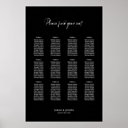 Stijlvolle zwarte 12 Tafel Trouwstoel Grafiek Poster (Voorkant)