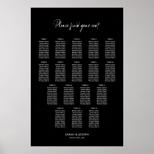 Stijlvolle zwarte 17 Tafel Trouwstoel Grafiek Poster (Voorkant)