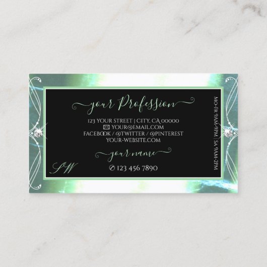 Stijlvolle zwarte Blauwgroen sparkle-juwelen Initi Visitekaartje (Achterkant)