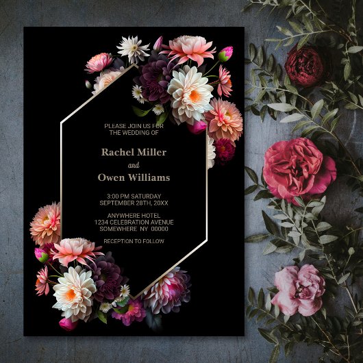Stijlvolle zwarte bloemenbruiloft kaart