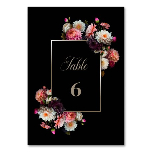 Stijlvolle zwarte bloemenbruiloft tafel nummer kaart (Voorkant)