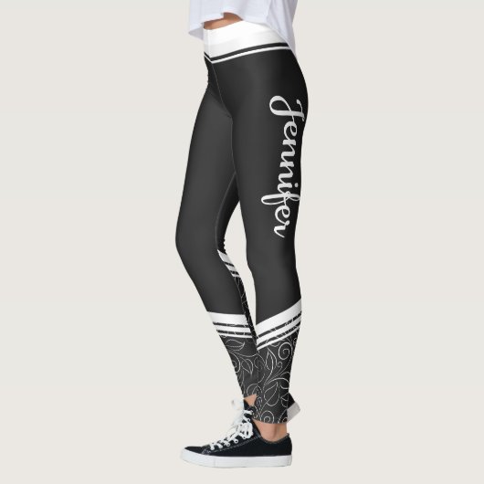 Stijlvolle zwarte bloemenwitte strepen en naam mod leggings (Links)
