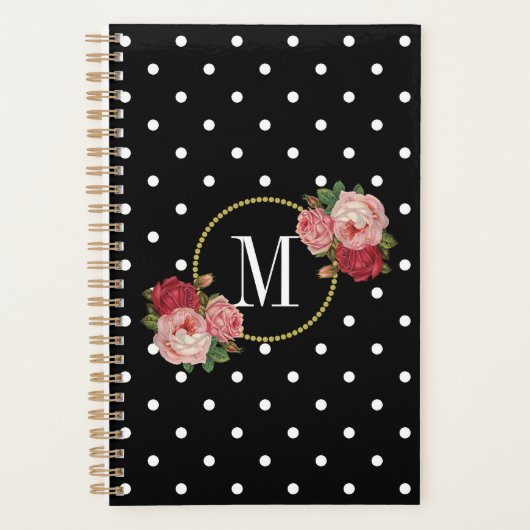 Stijlvolle zwarte  Blush Flowers Stippen Monogram Planner (Voorkant)