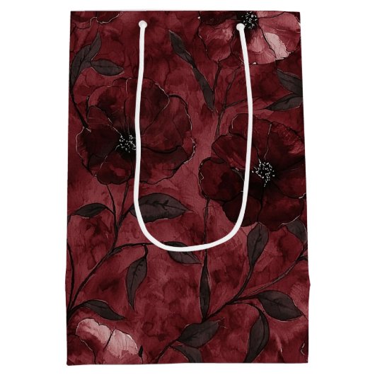 Stijlvolle zwarte bordeauxrode bloemrijke bruiloft medium cadeauzakje (Achterkant)