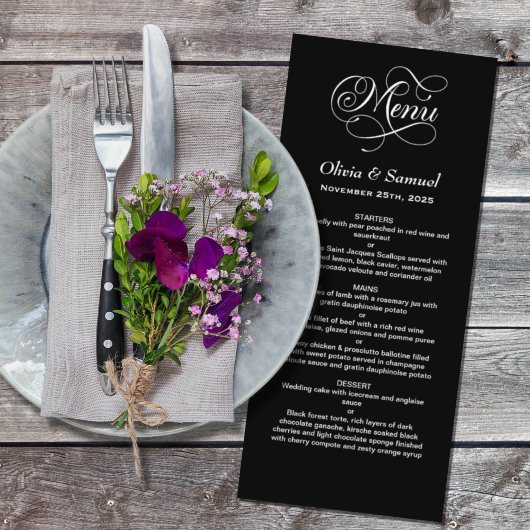 Stijlvolle zwarte bruiloft menu