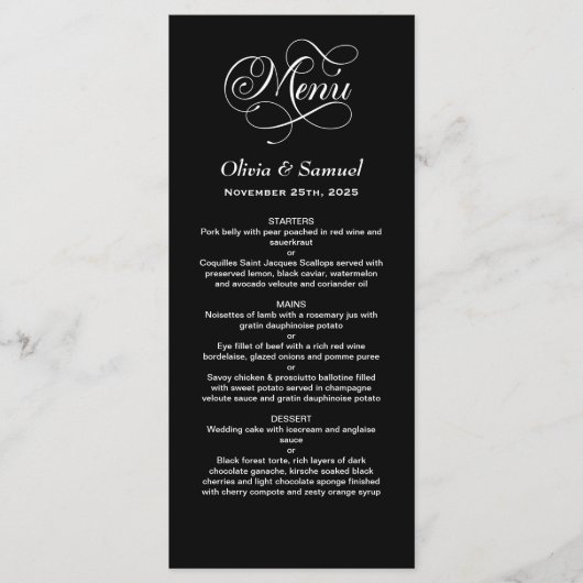 Stijlvolle zwarte bruiloft menu (Voorkant)