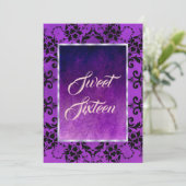 Stijlvolle zwarte Damask & Gothic Paarse Sweet 16 Kaart (Staand voorkant)