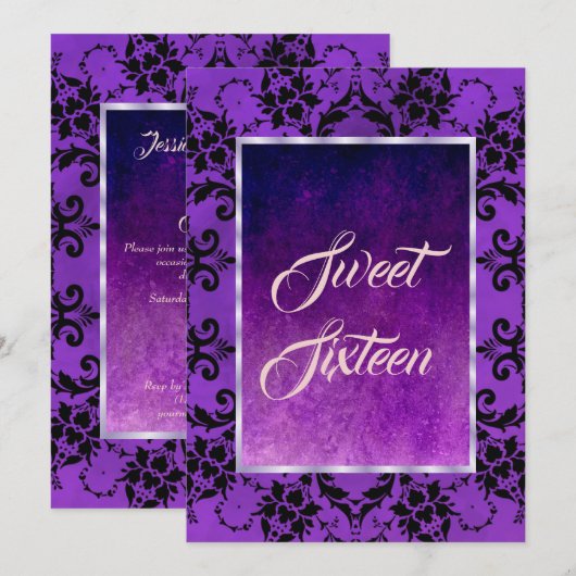 Stijlvolle zwarte Damask & Gothic Paarse Sweet 16 Kaart (Voorkant / Achterkant)