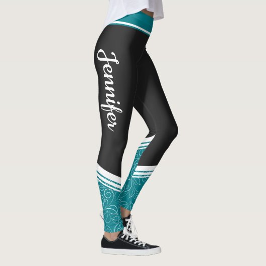 Stijlvolle zwarte en blauwgroen blauwe witte flora leggings (Rechts)