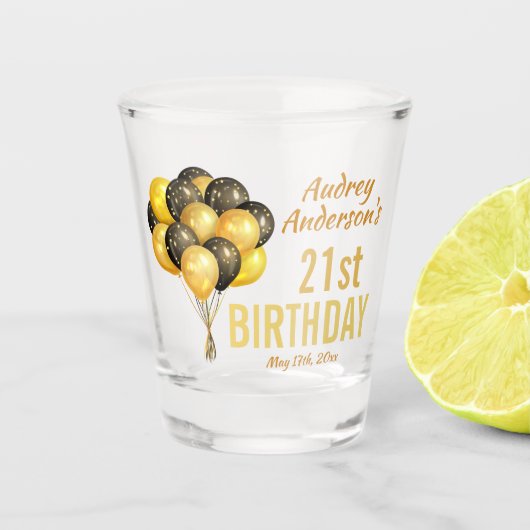 Stijlvolle zwarte en gouden ballonnen 21ste verjaa shot glas (Voorkant)
