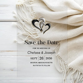 Stijlvolle zwarte en gouden harten save-the-date acryl uitnodigingen