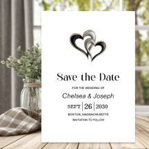 Stijlvolle zwarte en gouden harten save-the-date