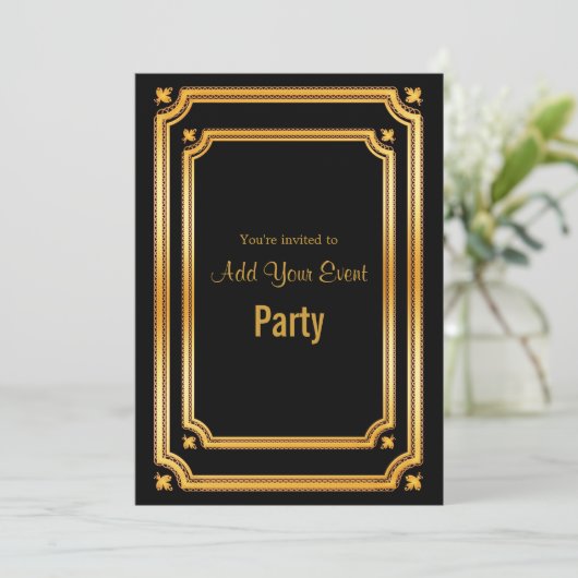Stijlvolle zwarte en gouden lijst uitnodiging (Staand voorkant)