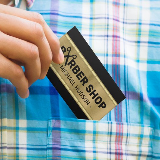 Stijlvolle zwarte en gouden Masculine Barber Shop Visitekaartje