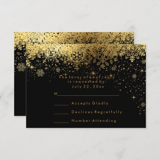 Stijlvolle zwarte en gouden sneeuwvlokken - RSVP (Voorkant / Achterkant)