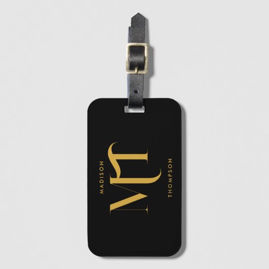 Stijlvolle zwarte en goudmonogram Initialen Bagagelabel (Voorkant (verticaal))