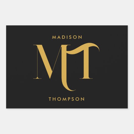 Stijlvolle zwarte en goudmonogram Initialen Inpakpapier Vel (Voorkant 2)