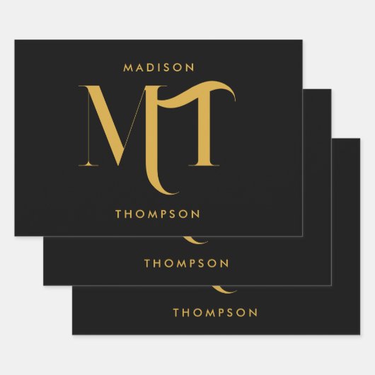 Stijlvolle zwarte en goudmonogram Initialen Inpakpapier Vel (Set)