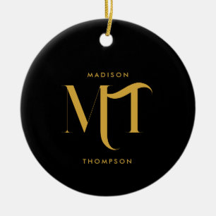 Stijlvolle zwarte en goudmonogram Initialen Keramisch Ornament