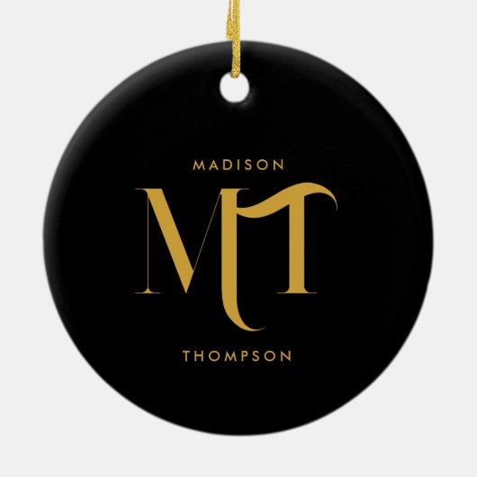 Stijlvolle zwarte en goudmonogram Initialen Keramisch Ornament (Achterkant)
