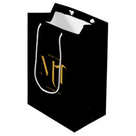 Stijlvolle zwarte en goudmonogram Initialen Medium Cadeauzakje