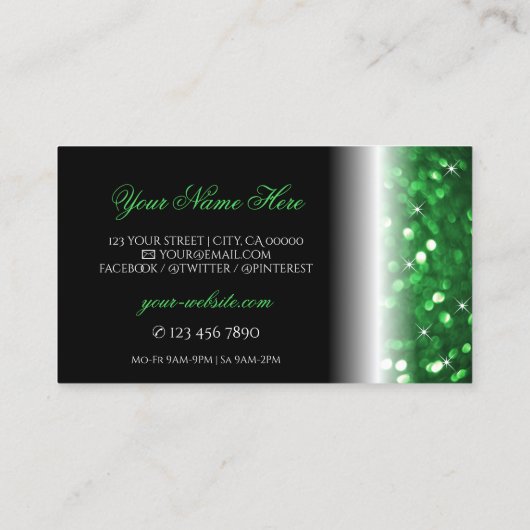 Stijlvolle zwarte en groene mousserende glitter Mo Visitekaartje (Achterkant)