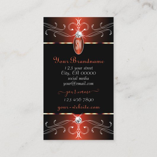 Stijlvolle zwarte en Oranje  Ornamenten Initialen Visitekaartje (Achterkant)