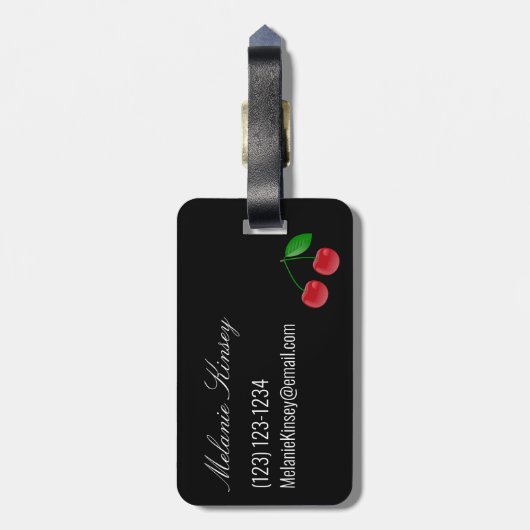 Stijlvolle zwarte en rode kersen op maat bagagelabel (Achterkant verticaal)