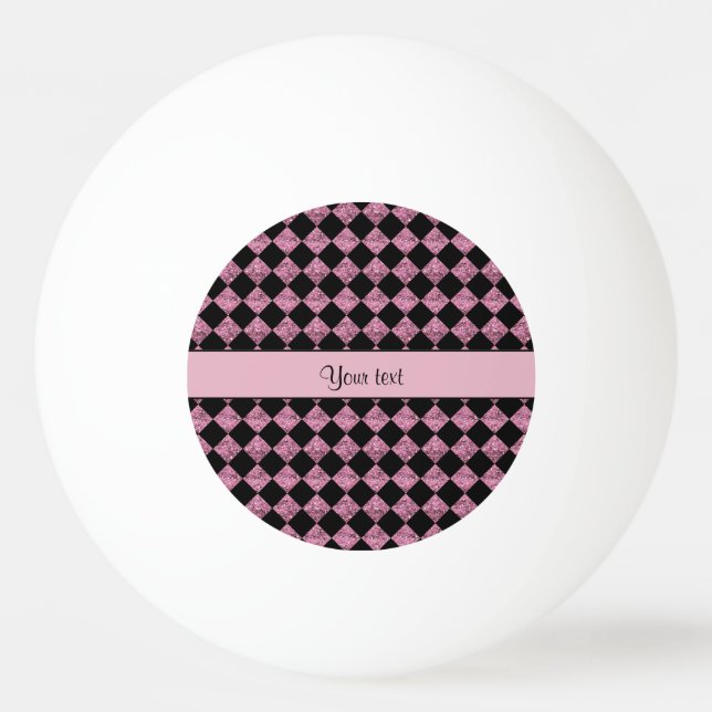 Stijlvolle zwarte en roze glittercheques pingpongbal (Voorkant)